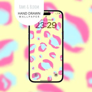 May include: A smartphone displays a hand-drawn wallpaper with a repeating pattern of pink and light blue leopard spots on a yellow background. The time is 23:29 on Monday, March 25. The text "RAWR & BLOOM HAND DRAWN WALLPAPER" is in the upper left.