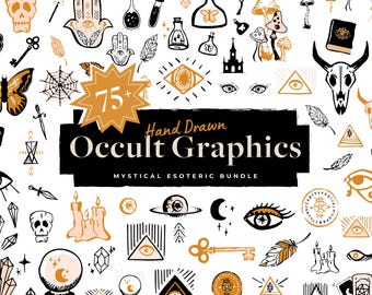 Op de afbeelding: Een set van 75+ handgetekend occulte afbeeldingen in zwart, wit en goud. De afbeeldingen omvatten ogen, schedels, vlinders, kristallen, kaarsen en meer. Mystieke esoterische bundel.