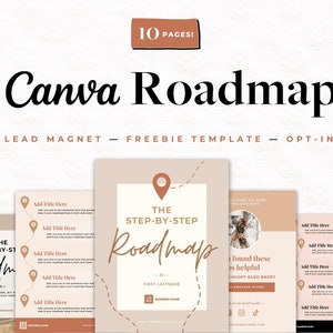 Puede incluir: Una plantilla de Canva para un imán de clientes potenciales de hoja de ruta de 10 páginas. La plantilla presenta una carretera con un automóvil conduciendo por ella, un mapa con un alfiler y texto que dice "The Step-by-Step Roadmap".