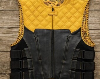 Lederweste Hunt Club Diamond Quilted Black & Yellow Paisley Custom Motorradfahrer Biker Lederweste Herren - Gelb