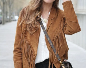 Women's Vintage Fringe Leather Jacket, Brown Suede Leather Jacket, Ladies Leather jacket Fringe Jacket Western Jacket- Gifts for her