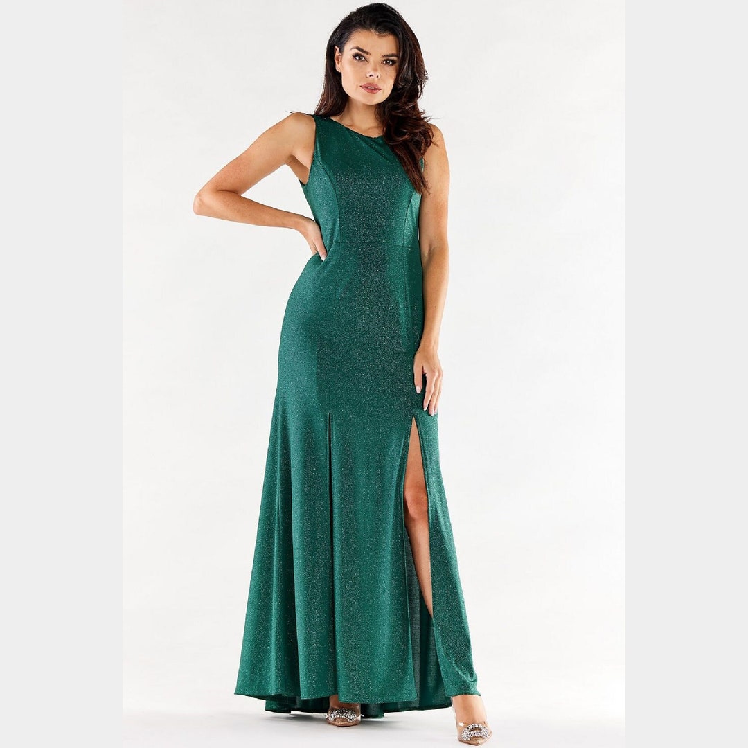 sage green evening dress Hellymoon Women Prom Satin Long Formal Dress with Slit Hotian Women Dark Green SS-26 Size:3X-Large