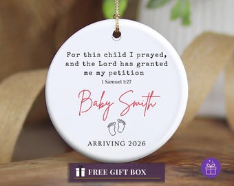 BIble Verse Ornament Pregnant, Baby Announcement Ornament, For this child I prayed Custom Baby Name Ceramic Ornament with Gift Box Included