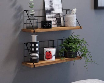 Metal Supported Wooden Wall Shelf - Decorative Wall Shelf
