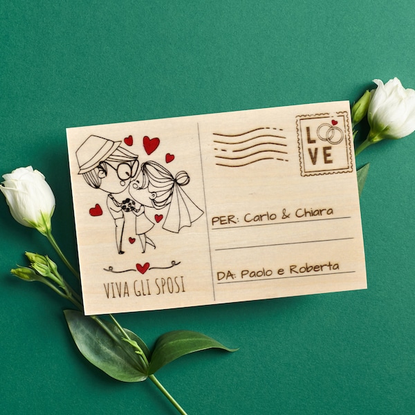 Cartolina biglietto auguri matrimonio in legno - porta soldi personalizzabile