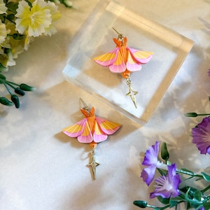 Rosy Maple Moth Earrings, Polymer Clay, Handmade