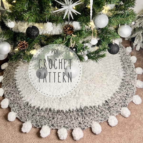 CROCHET PDF PATTERN - Faux Crochet Christmas Tree Skirt with Bobble Pompom Border - Christmas Decor - Christmas Tree Skirt