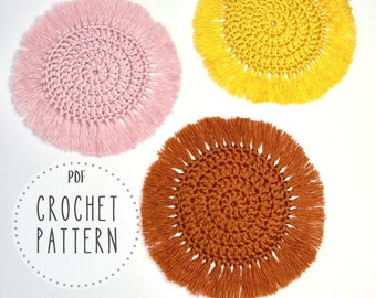 PDF Pattern - Crochet Boho Coaster, Coaster Set Pattern, Boho Home, Fringe Decor, Minimalist, Summer, Simple Crochet Pattern for Beginner