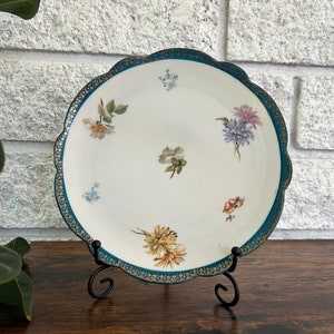 Antique Imperial Crown China Austria Plate, Teal Gold Scalloped Rim, Floral Victorian Porcelain Cabinet Dish - Bawo Dotter