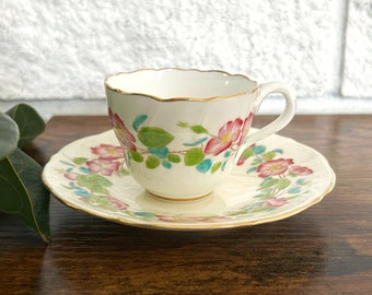 Antik engelsk rosen Demitasse-kopp - tidigt 1900-tal Porslin - Handmålad espresso-set med guldkant - Blomsterskåp Kina