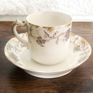 Antique 1890s Limoges Demitasse, Haviland & Co Espresso Cup and Saucer Set, Blue Floral on White Porcelain
