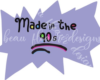 May include: A purple, star-shaped graphic with the text "Made in the 90s" in black, with colorful accents. The words "beau flowers designs" are written in a light purple script. The design has a retro, nostalgic theme.