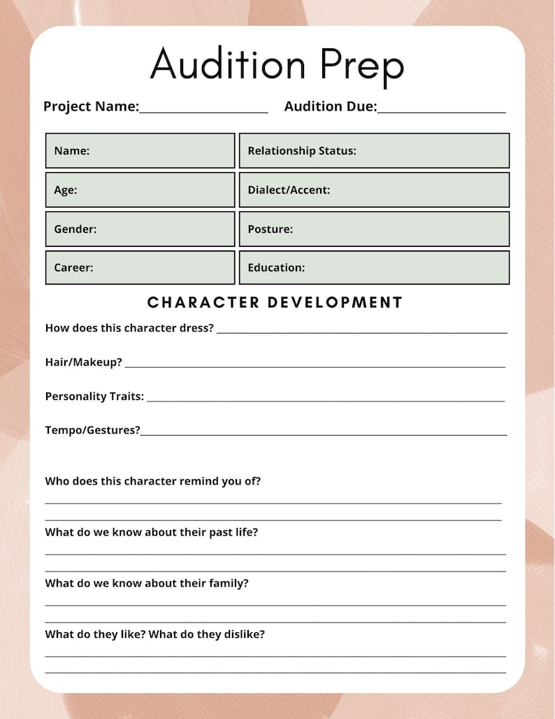 Audition Worksheet - Etsy