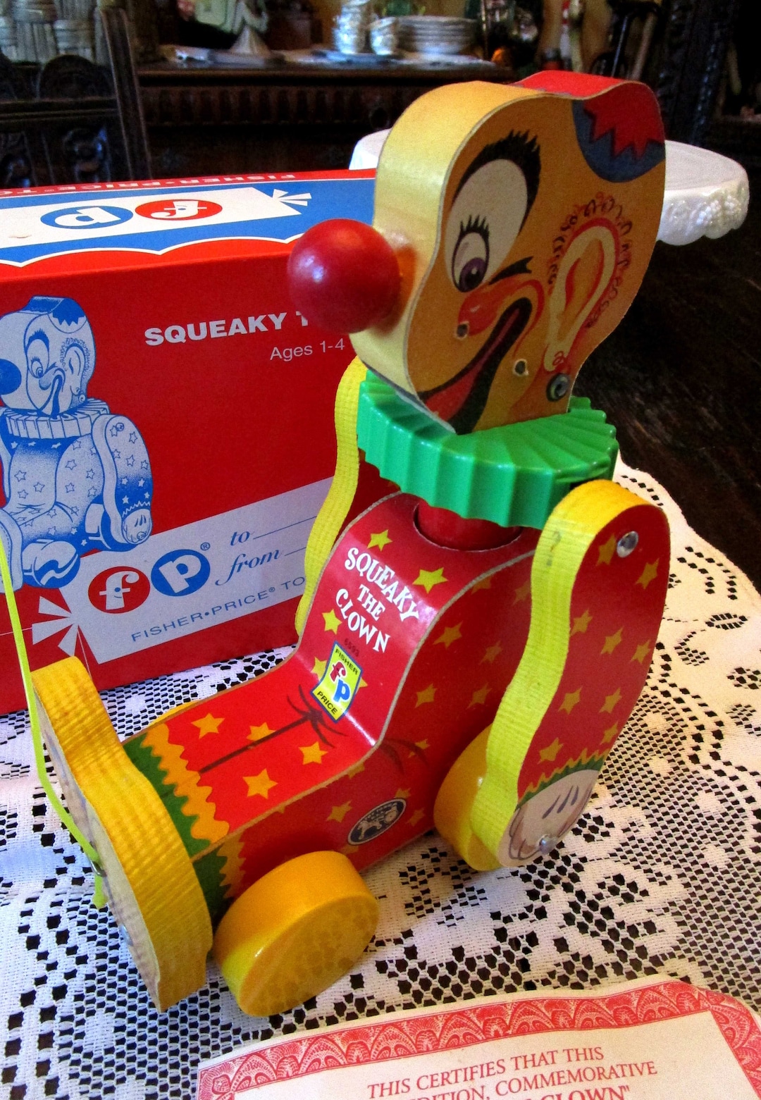 1995, Fisher Price, Pull Toy, Squeaky the Clown, Vintage Toy, Toy Clown