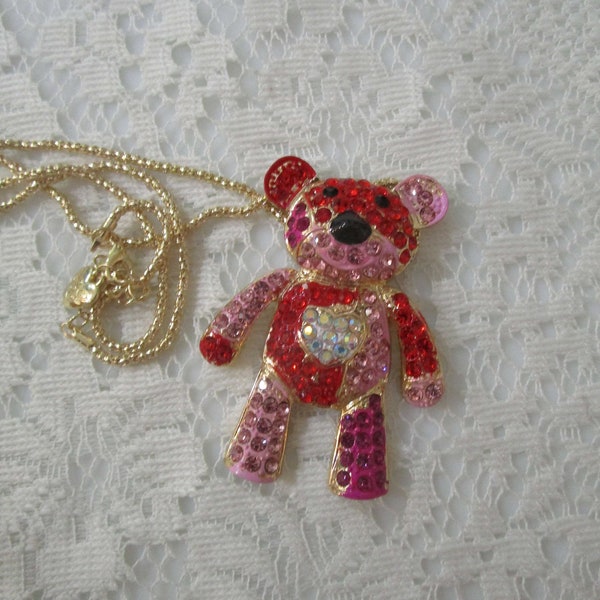 Betsey Johnson, Teddy Necklace, Pink Bears, Rhinestone Necklace, Enamel Necklace, Kids Jewelry, Basket Stuffer, Bear Pendant, Teddy Bear