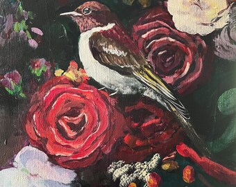 Pájaros y flores, verde y rojo, pintura acrílica de 30 x 40 cm.