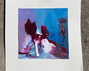 Pintura abstracta de técnica mixta: rojo, azul, rosa, morado (obra de arte de 10x10 cm)
