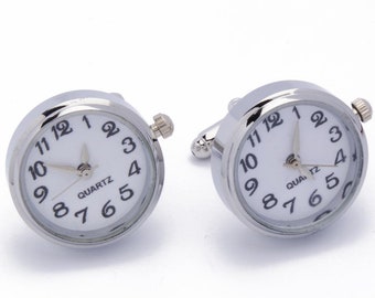 Manschettenknöpfe - Echte Uhr Weiß mit weißem Zifferblatt rund