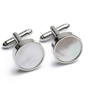 Cufflinks - Round Silver with White Mother of Pearl