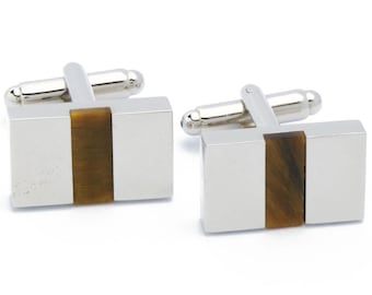 Cufflinks - Silver with Tiger's Eye Gemstone Rectangle