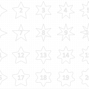 Może przedstawiać: Czarno-białe zdjęcie 20 gwiazd z numerami od 1 do 20 wewnątrz każdej gwiazdy. Gwiazdy są ułożone w cztery rzędy po pięć gwiazd w każdym.