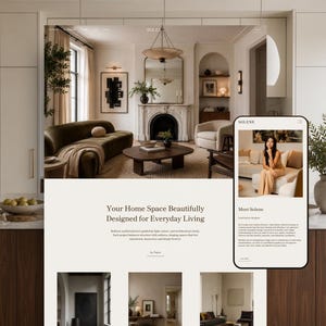 May include: A website interface displayed on a screen featuring a living room with a dark olive sofa, a wooden coffee table, and a fireplace. A mobile phone overlay shows a person in a beige outfit sitting on a sofa with the text Meet Solene.