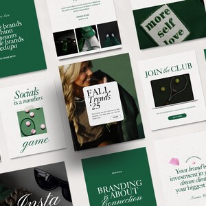 K&ouml;nnte beinhalten: Eine Sammlung von Social-Media-Grafiken in Gr&uuml;n-Wei&szlig;. Die Grafiken zeigen Text &uuml;ber Branding, Social Media und Herbsttrends. Eine Grafik zeigt einen Tennisschl&auml;ger und Tennisb&auml;lle.