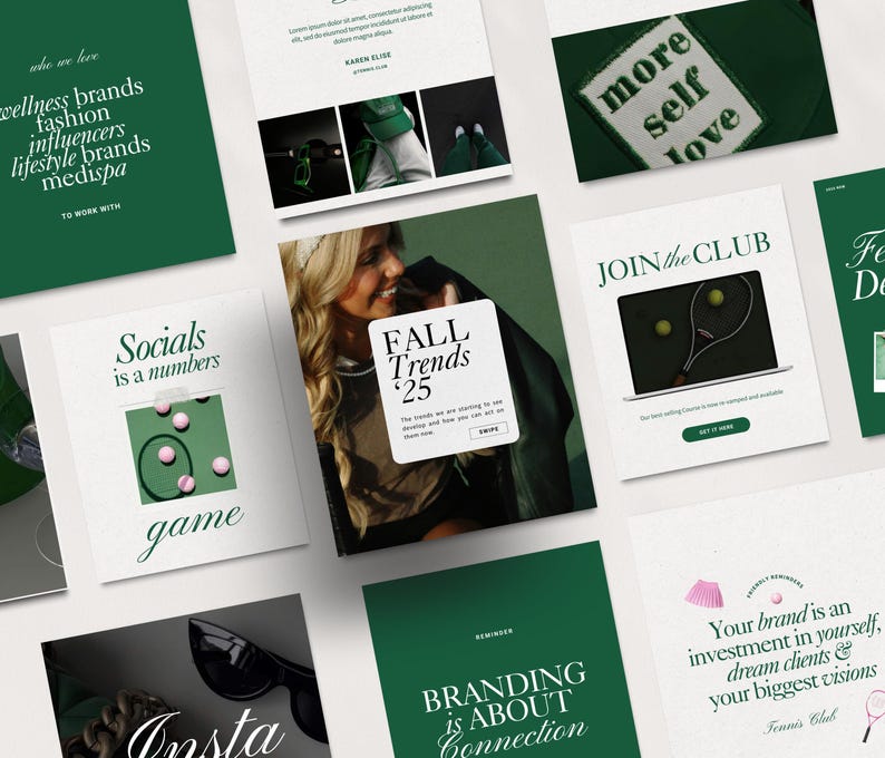 K&ouml;nnte beinhalten: Eine Sammlung von Social-Media-Grafiken in Gr&uuml;n-Wei&szlig;. Die Grafiken zeigen Text &uuml;ber Branding, Social Media und Herbsttrends. Eine Grafik zeigt einen Tennisschl&auml;ger und Tennisb&auml;lle.