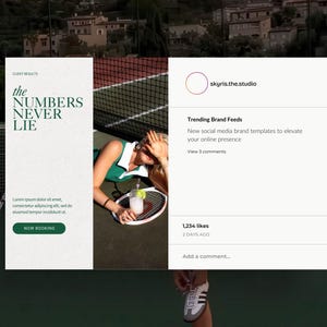 K&ouml;nnte beinhalten: Eine wei&szlig;e Karte mit gr&uuml;nem Text, der "the NUMBERS NEVER LIE" lautet, und einem Button mit der Aufschrift "NOW BOOKING". Die Karte befindet sich auf einem gr&uuml;nen Tennisplatz, auf dem eine Frau in einem gr&uuml;nen Kleid liegt. Die Frau h&auml;lt ein Glas mit einem Strohhalm und einer Zitronenscheibe in der Hand. Die Karte befindet sich neben einer wei&szlig;en Karte mit einem Social-Media-Post, der "skyris.the.studio Trending Brand Feeds New social media brand templates to elevate your online presence View 3 comments 1,234 likes 2 DAYS AGO Add a comment..." lautet.