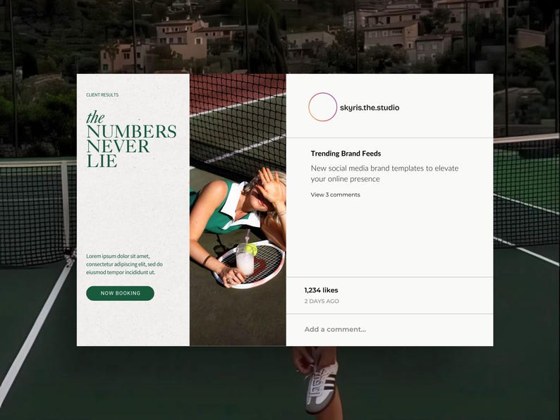 K&ouml;nnte beinhalten: Eine wei&szlig;e Karte mit gr&uuml;nem Text, der "the NUMBERS NEVER LIE" lautet, und einem Button mit der Aufschrift "NOW BOOKING". Die Karte befindet sich auf einem gr&uuml;nen Tennisplatz, auf dem eine Frau in einem gr&uuml;nen Kleid liegt. Die Frau h&auml;lt ein Glas mit einem Strohhalm und einer Zitronenscheibe in der Hand. Die Karte befindet sich neben einer wei&szlig;en Karte mit einem Social-Media-Post, der "skyris.the.studio Trending Brand Feeds New social media brand templates to elevate your online presence View 3 comments 1,234 likes 2 DAYS AGO Add a comment..." lautet.