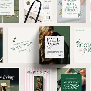 以下が含まれることがあります： マーケティングとブランディングのさまざまな概念を紹介する画像のコラージュ。画像には、ロゴ入りのトートバッグ、女性の顔、テニスラケット、ポッドキャストのロゴ、そして「なぜバイラルコンテンツが必要ないのか」というテキストグラフィックが含まれています。