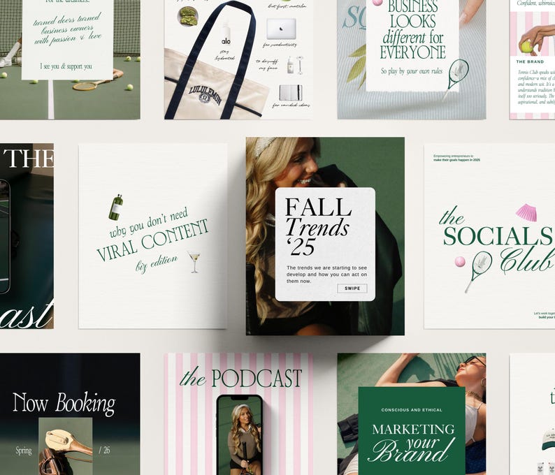 K&ouml;nnte beinhalten: Eine Collage aus Bildern mit verschiedenen Marketing- und Branding-Konzepten. Die Bilder zeigen eine Tragetasche mit einem Logo, das Gesicht einer Frau, einen Tennisschl&auml;ger, ein Podcast-Logo und eine Textgrafik mit dem Text "Warum Sie keinen viralen Content brauchen".