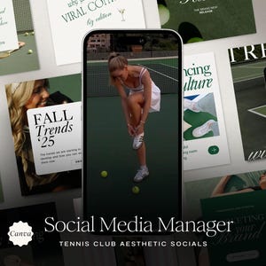 K&ouml;nnte beinhalten: Eine Collage von Bildern, die f&uuml;r einen Tennisclub werben. Die Bilder zeigen eine Frau, die ihre Tennisschuhe auf einem gr&uuml;nen Tennisplatz bindet, einen Tennisschl&auml;ger und Text, der "Social Media Manager" und "Tennis Club Aesthetic Socials" lautet.