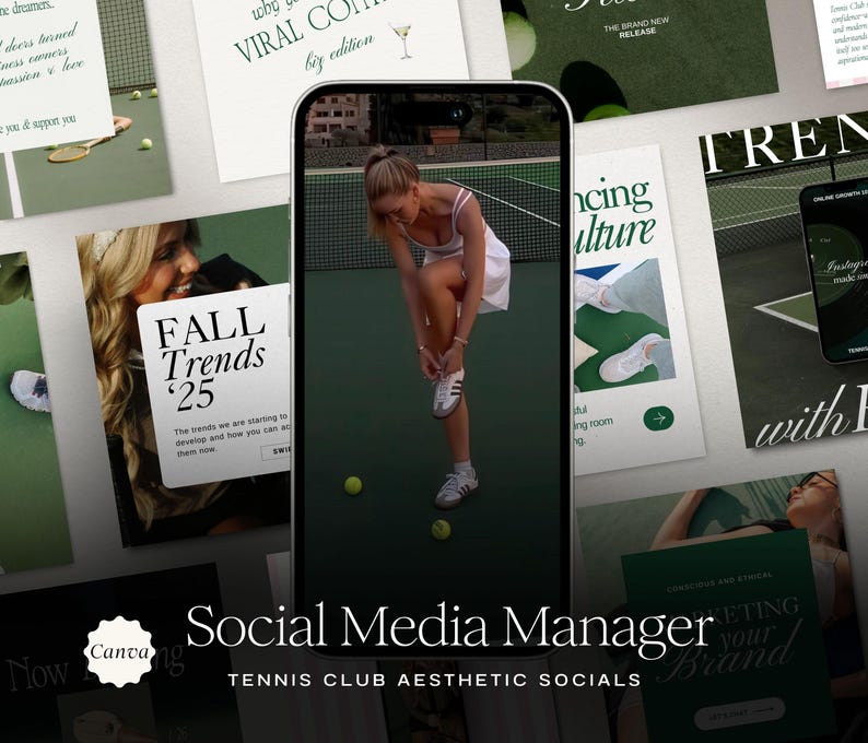 K&ouml;nnte beinhalten: Eine Collage von Bildern, die f&uuml;r einen Tennisclub werben. Die Bilder zeigen eine Frau, die ihre Tennisschuhe auf einem gr&uuml;nen Tennisplatz bindet, einen Tennisschl&auml;ger und Text, der "Social Media Manager" und "Tennis Club Aesthetic Socials" lautet.