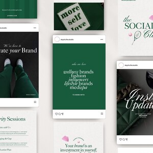 K&ouml;nnte beinhalten: Eine Collage aus Instagram-Posts mit einem gr&uuml;nen und wei&szlig;en Farbschema. Die Posts zeigen Text &uuml;ber Branding, Social Media und Wellness. Der Text enth&auml;lt S&auml;tze wie "Elevate your Brand", "Wellness Brands", "The Socials Club" und "Insta Updates".