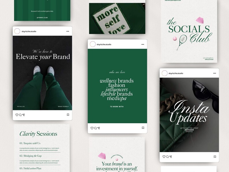 K&ouml;nnte beinhalten: Eine Collage aus Instagram-Posts mit einem gr&uuml;nen und wei&szlig;en Farbschema. Die Posts zeigen Text &uuml;ber Branding, Social Media und Wellness. Der Text enth&auml;lt S&auml;tze wie "Elevate your Brand", "Wellness Brands", "The Socials Club" und "Insta Updates".