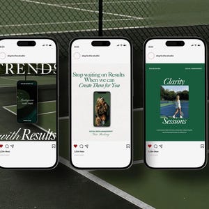 K&ouml;nnte beinhalten: Drei Instagram-Posts auf gr&uuml;nem Hintergrund. Der erste Beitrag hat einen wei&szlig;en Hintergrund mit dem Text "TRENDS with Results" und einen Telefonbildschirm, der eine Grafik zeigt. Der zweite Beitrag hat einen wei&szlig;en Hintergrund mit dem Text "Stop waiting on Results When we can Create Them for You". Der dritte Beitrag hat einen gr&uuml;nen Hintergrund mit dem Text "Clarity Sessions".