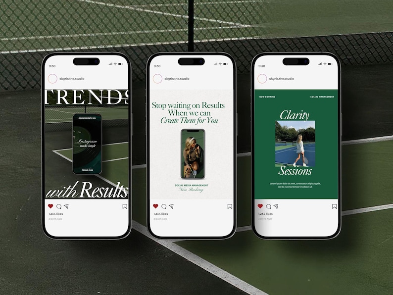 K&ouml;nnte beinhalten: Drei Instagram-Posts auf gr&uuml;nem Hintergrund. Der erste Beitrag hat einen wei&szlig;en Hintergrund mit dem Text "TRENDS with Results" und einen Telefonbildschirm, der eine Grafik zeigt. Der zweite Beitrag hat einen wei&szlig;en Hintergrund mit dem Text "Stop waiting on Results When we can Create Them for You". Der dritte Beitrag hat einen gr&uuml;nen Hintergrund mit dem Text "Clarity Sessions".