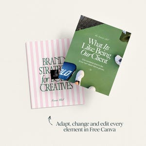 K&ouml;nnte beinhalten: Zwei rosa-wei&szlig; gestreifte Taschenb&uuml;cher mit dem Text "BRAND STRATEGIES for BOSS CREATIVES" und "What It's Like Being Our Client. Ever wondered what it's like to be our client? We've got you."