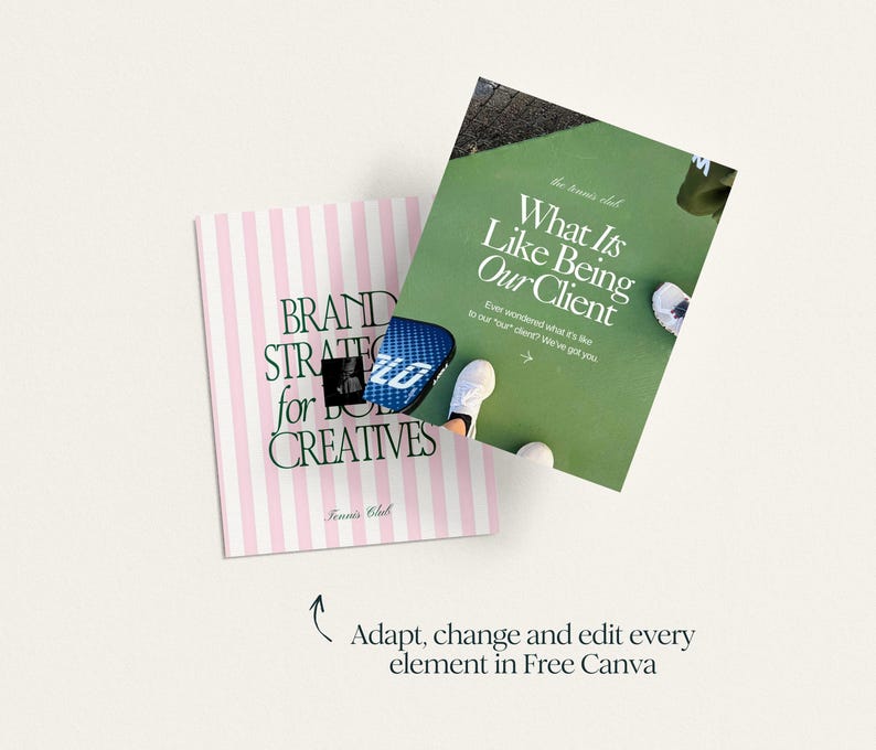 K&ouml;nnte beinhalten: Zwei rosa-wei&szlig; gestreifte Taschenb&uuml;cher mit dem Text "BRAND STRATEGIES for BOSS CREATIVES" und "What It's Like Being Our Client. Ever wondered what it's like to be our client? We've got you."
