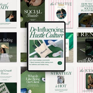 K&ouml;nnte beinhalten: Eine Collage von Bildern, die f&uuml;r ein Unternehmen werben, das sich auf Wellness und ganzheitliches Leben konzentriert. Die Bilder zeigen einen gr&uuml;nen Tennisplatz, eine Tragetasche mit dem Text "Madswell", ein Tablet mit dem Text "De-Influencing Hustle Culture" und andere Bilder mit Text wie "Social Guide", "Trends mit Ergebnissen" und "Der Podcast".