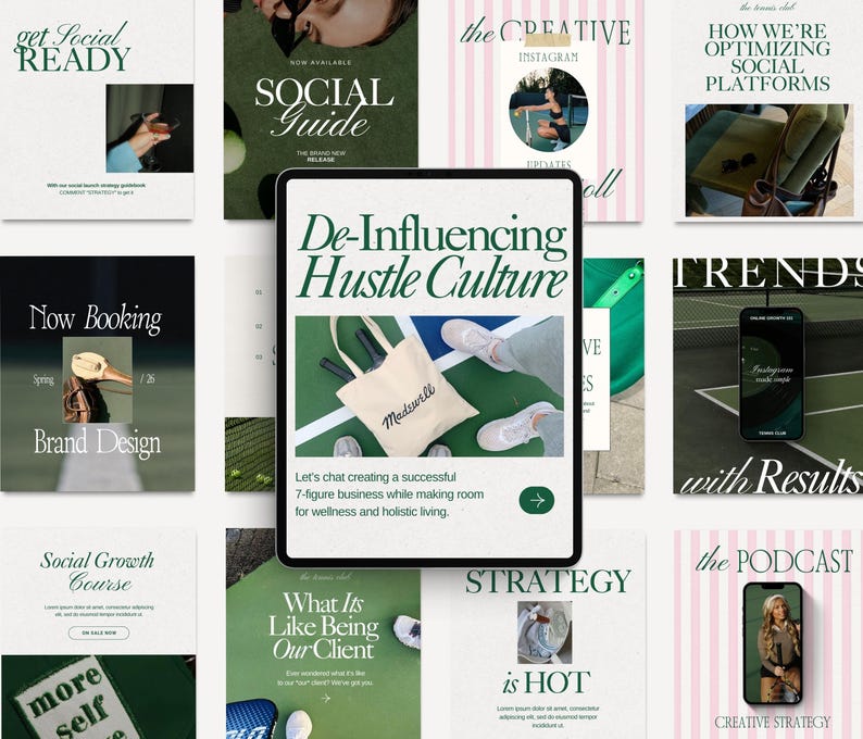 K&ouml;nnte beinhalten: Eine Collage von Bildern, die f&uuml;r ein Unternehmen werben, das sich auf Wellness und ganzheitliches Leben konzentriert. Die Bilder zeigen einen gr&uuml;nen Tennisplatz, eine Tragetasche mit dem Text "Madswell", ein Tablet mit dem Text "De-Influencing Hustle Culture" und andere Bilder mit Text wie "Social Guide", "Trends mit Ergebnissen" und "Der Podcast".