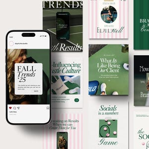 K&ouml;nnte beinhalten: Eine Collage aus Bildern mit Text&uuml;berlagerungen. Die Bilder zeigen einen Tennisplatz, eine Person in einem gr&uuml;nen Hemd und eine Person in einem wei&szlig;en Hemd. Der Text beinhaltet "Fall Trends 25", "Influencing Hustle Culture", "What It's Like Being Our Client", "Socials is a numbers game" und "Branding is About Connection".