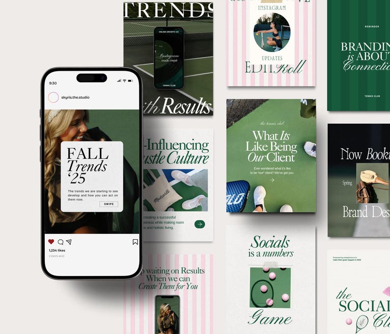 K&ouml;nnte beinhalten: Eine Collage aus Bildern mit Text&uuml;berlagerungen. Die Bilder zeigen einen Tennisplatz, eine Person in einem gr&uuml;nen Hemd und eine Person in einem wei&szlig;en Hemd. Der Text beinhaltet "Fall Trends 25", "Influencing Hustle Culture", "What It's Like Being Our Client", "Socials is a numbers game" und "Branding is About Connection".