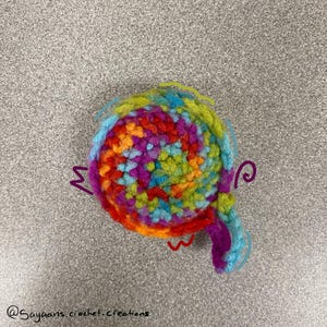 May include: A colourful crocheted circle with a long tail, made with a variety of bright colours including red, orange, yellow, green, blue, and purple.