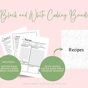Schwarz-Weiß-Rezept-Bundle | Wöchentlicher Essensplaner, Rezeptkarten, Rezeptblätter | Drucker Freundlicher Digitaler Download