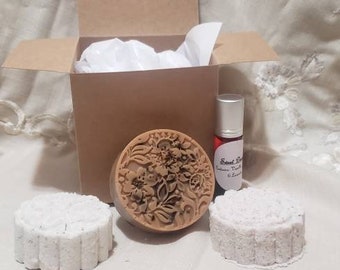 Handmade Spa Gift Set: Bath Bombs, Honey Goat Milk Soap, Oil Roller