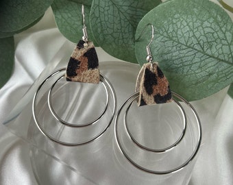 Leather Leopard and Silver hoops. Handmade Jewelry. Gifts for her. Boho Chic. Rustic. Hypoallergenic.