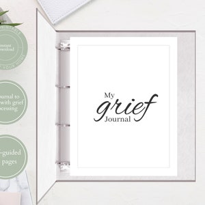 Op de afbeelding: Een printbaar rouwjournaal met de titel "My Grief Journal" op de omslag. Het journaal is zelfgestuurd en heeft 16 pagina's.