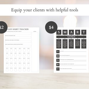Op de afbeelding: Twee printbare werkbladen voor het stellen van doelen en het bijhouden van gewoonten. Het eerste werkblad heeft de titel "30-Day Habit Tracker" en heeft een raster met 30 cirkels om de voortgang te markeren. Het tweede werkblad heeft de titel "SMART Goals" en heeft een tabel met het acroniem SMART, dat is opgedeeld in vijf categorie&euml;n: Specifiek, Meetbaar, Haalbaar, Relevant en Tijdgebonden.